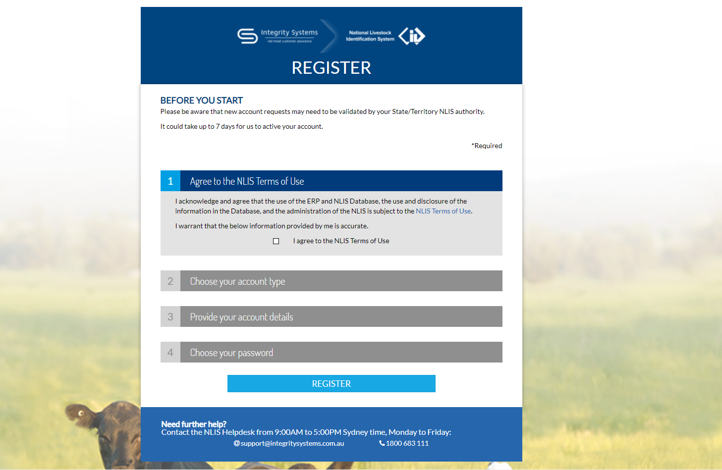 Screenshot of register page on NLIS database