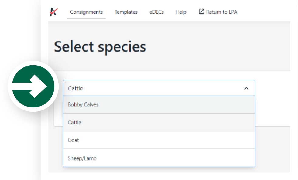 Step 8: Click on the white box and select the species of livestock you will be moving from the drop-down menu that appears.