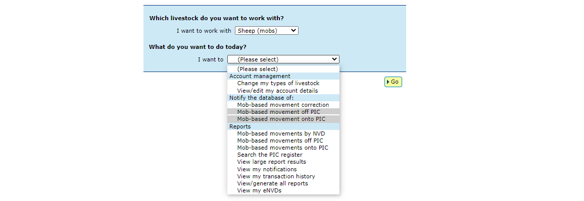 Screenshot of NLIS database showing how to select the species you are working with and the action you want to take