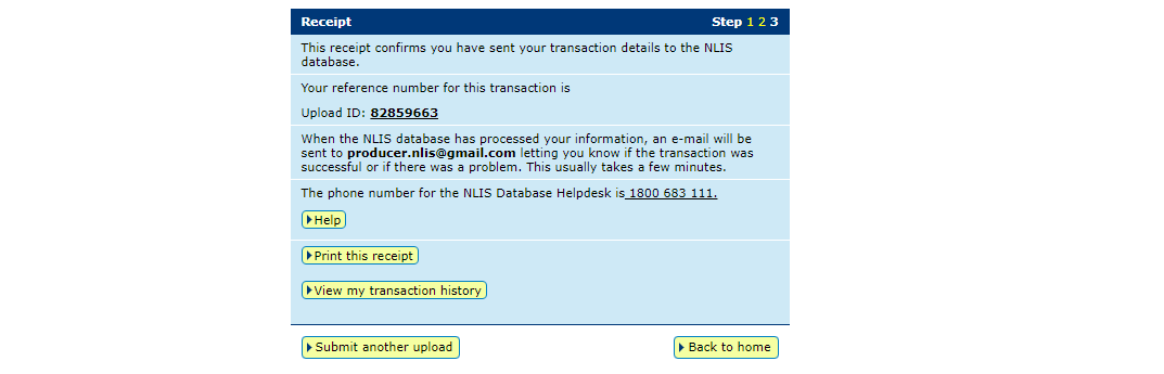 Screenshot of NLIS database showing receipt