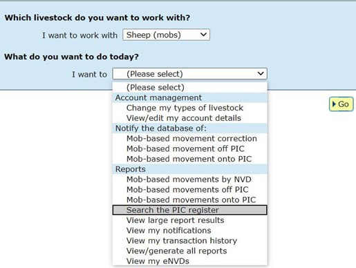 Once you have logged in to your NLIS account, select the species you are working with and the report ‘Search the PIC register’. Click ‘Go’. 