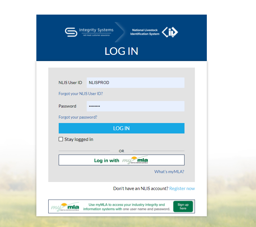 Screenshot of NLIS log in page