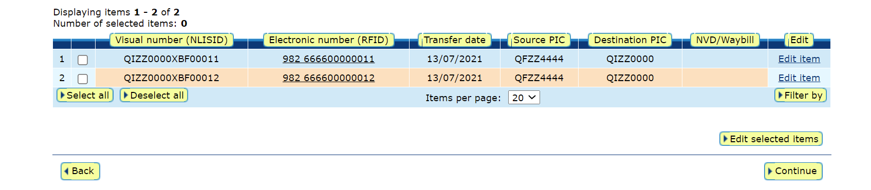 Screenshot of NLIS database showing a sample of the device row highlighted orange to indicate edits have been made