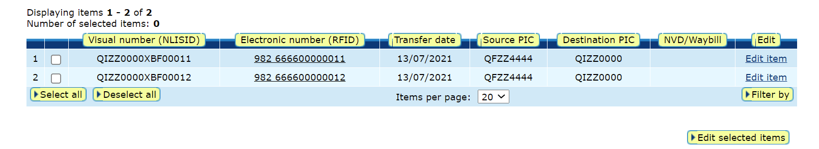 Screenshot of NLIS database showing a sample of devices to select for editing or deleting