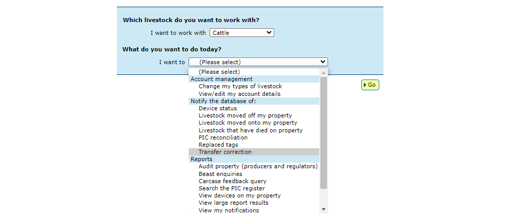 Screenshot of NLIS database showing how to select the 'Transfer correction' action