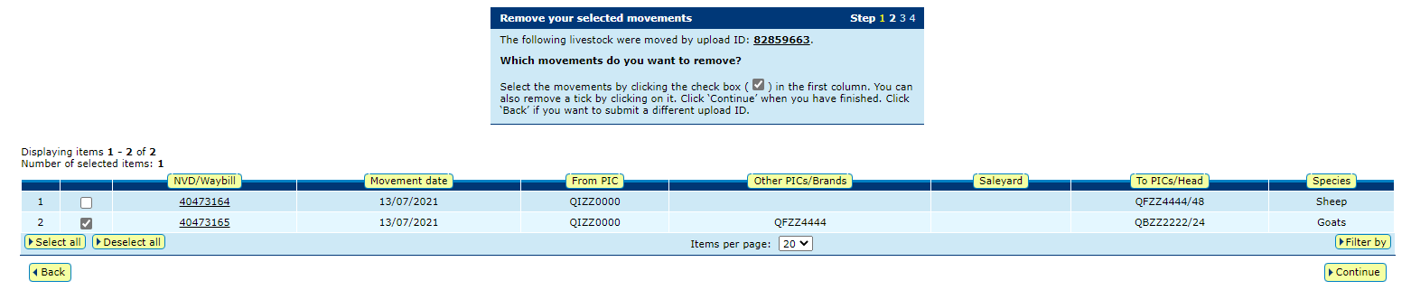 Screenshot of NLIS database showing how to remove the movement from the transfer