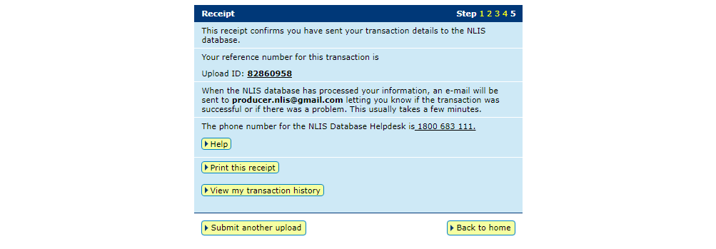 Screenshot of NLIS database showing the receipt screen