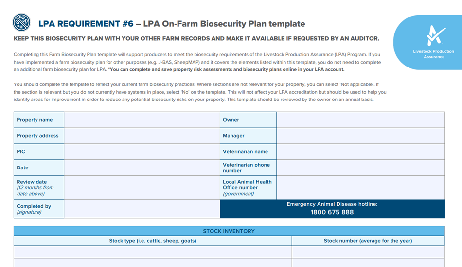 An example of the on-farm biosecurity plan template