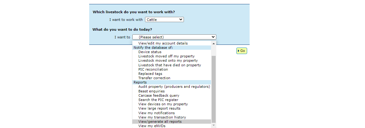 1.	Once logged in, select the species you are working with and the action to ‘View/generate all reports’. Click Go.