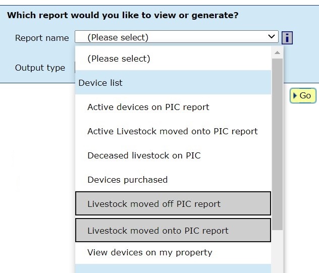 2.	Choose the report name “Livestock transferred off PIC – device report” or “Livestock transferred onto PIC – device report” depending on the report required. 