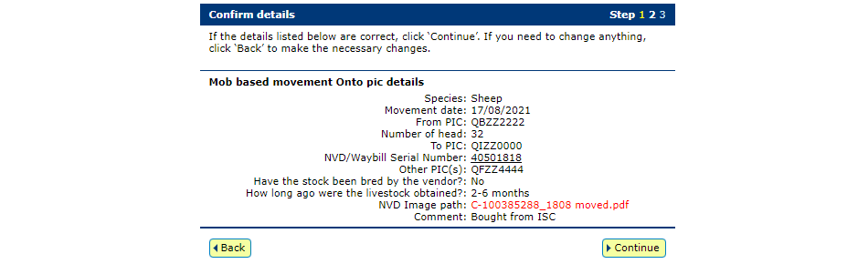 Screenshot of NLIS database showing Confirm details screen