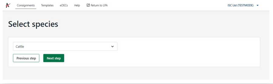 Step 9: When you have selected the species of livestock to be consigned, click ‘next step’.