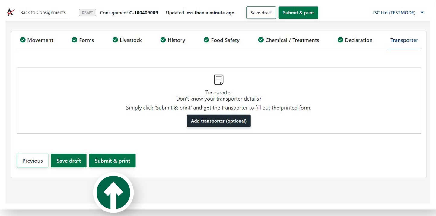 Step 17: The transporter should complete this next section, either on your mobile device or on a printed version. Once your transporter has completed the form, click ‘save draft’.