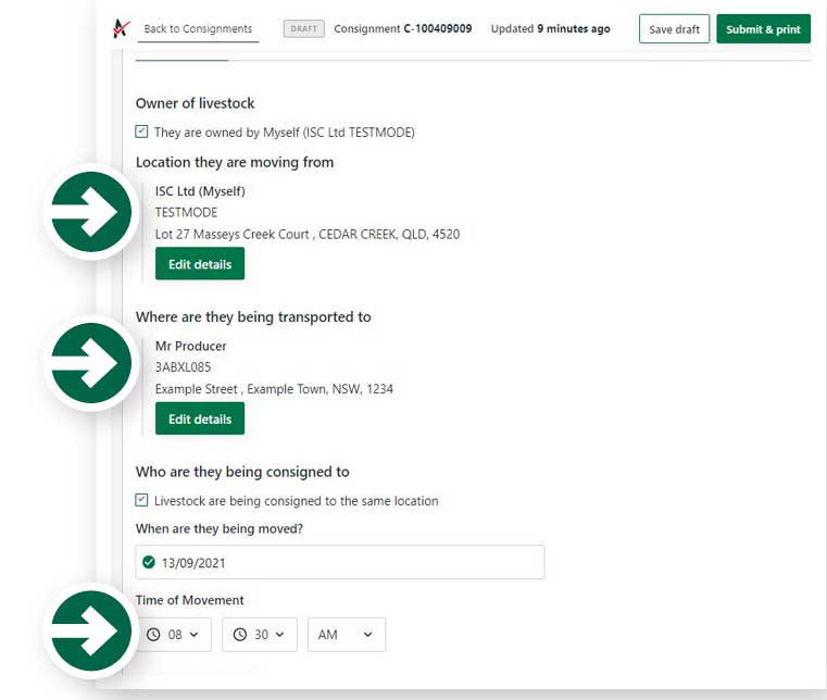 Step 6: Enter movement information details for the livestock