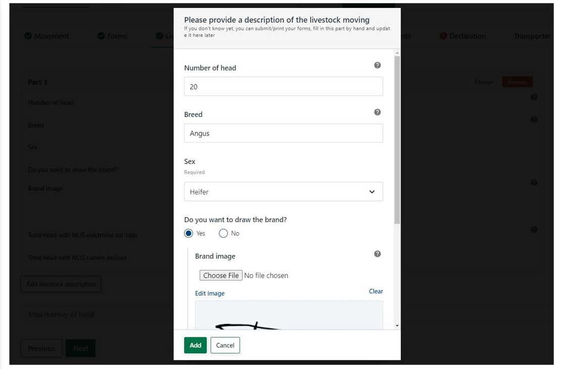 Step 13: Fill out all the details of the livestock in the box that appears before pressing ‘add’ to add a livestock description. You can add as many livestock descriptions as you like