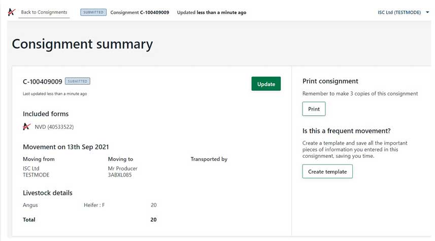 Step 19: After submitting a partially or fully completed consignment, you’ll be taken to the consignment summary page. Click on ‘print’ to preview and print all forms that are included in the consignment. Print three copies of the consignment – one for your records, one for the receiver and one for the transporter. If the consignment is partially completed, once printed all remaining information will need to be included at the point of transport.