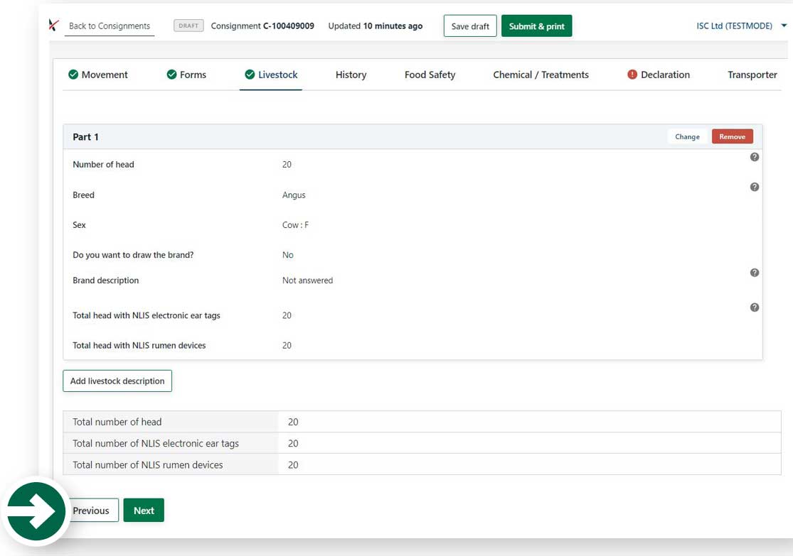 Step 14: Once you have all the livestock descriptions completed for the consignment, click ‘next’.