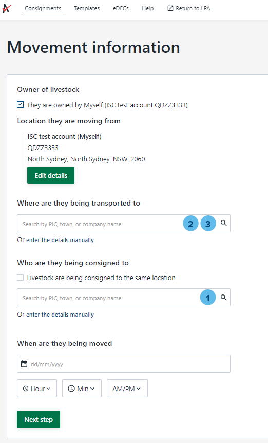 eNVD screenshot showing where the consigned to and destination fields are