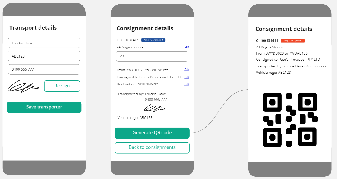 Mock up of mobile app showing how transporters could scan a QR code to receive a copy of the consignment 