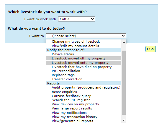 Screenshot showing step 1 of moving livestock onto or off a PIC 