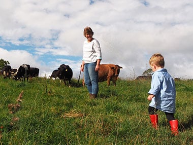 Dairy farmer with grandson