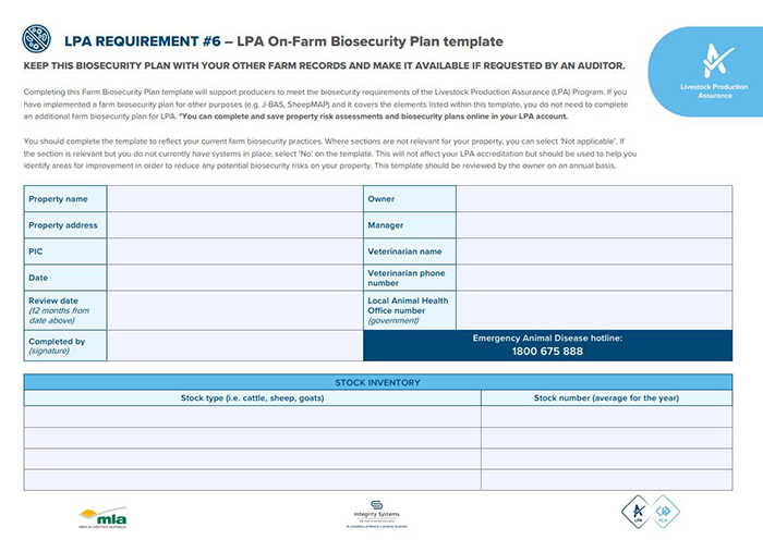 Screenshot of LPA on-farm biosecurity plan template