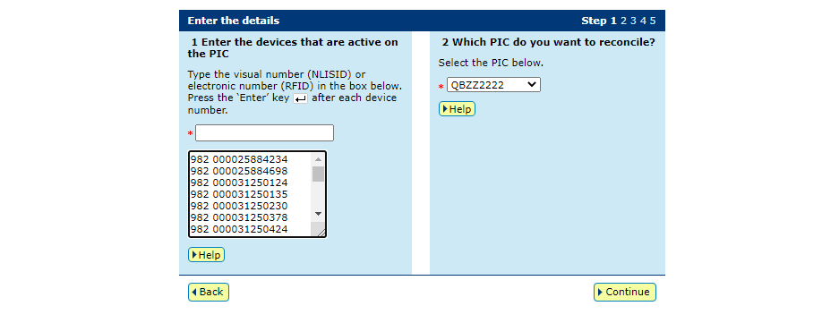 Screenshot of NLIS database showing entering details