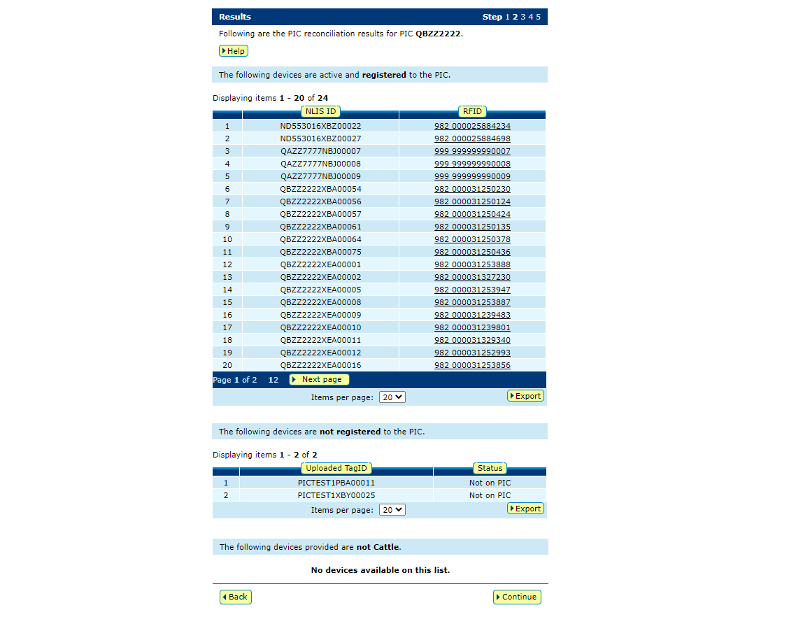 Screenshot of NLIS database showing results
