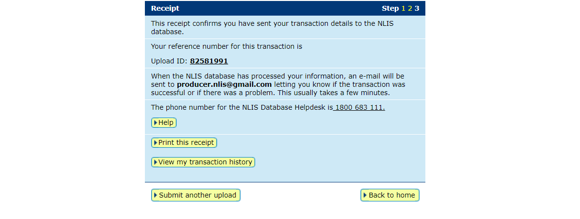 Screenshot of the NLIS receipt. The receipt confirms that you have sent your transaction to the NLIS database.