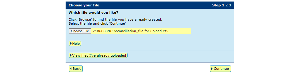 Screenshot of step two of uploading a file to conduct a PIC reconciliation